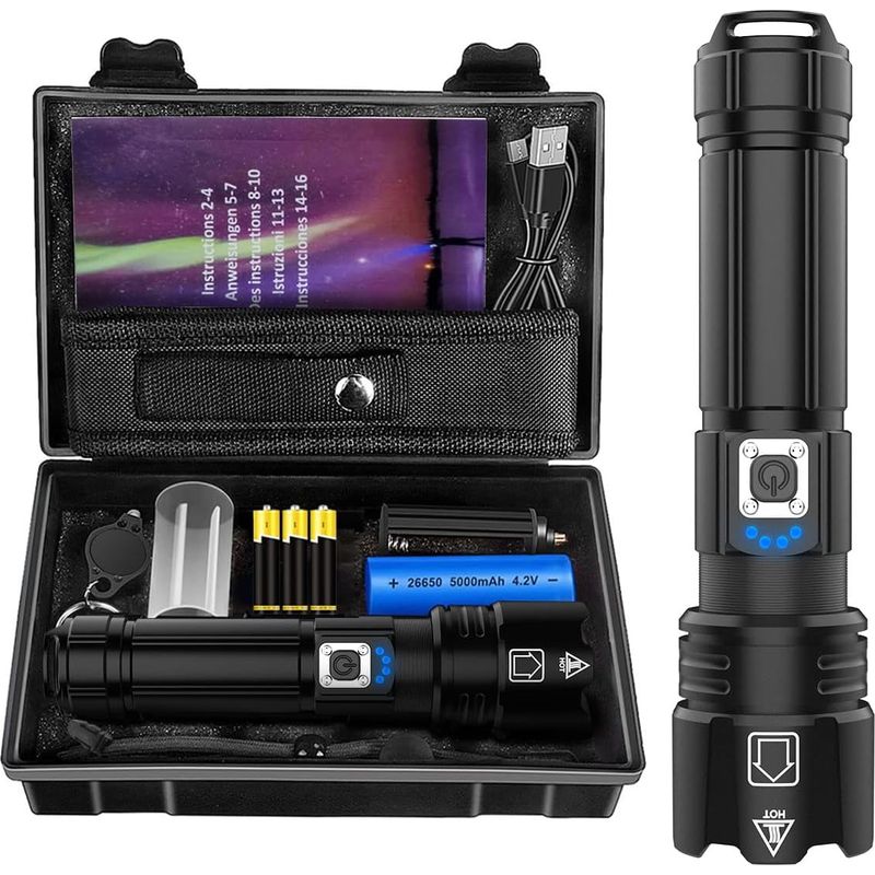 Lampe Torche Led 12000 Lumens Rechargeable – Ip67 Étanche – 5 Modes D'Éclairage – Zoomable Pour Randonnée Et Situations D'Urgence