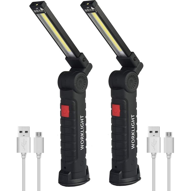 Lot De 2 Lampes De Travail Cob Rechargeables – Base Magnétique – 5 Modes D'Éclairage – Pour Chantiers Et Espaces Confinés