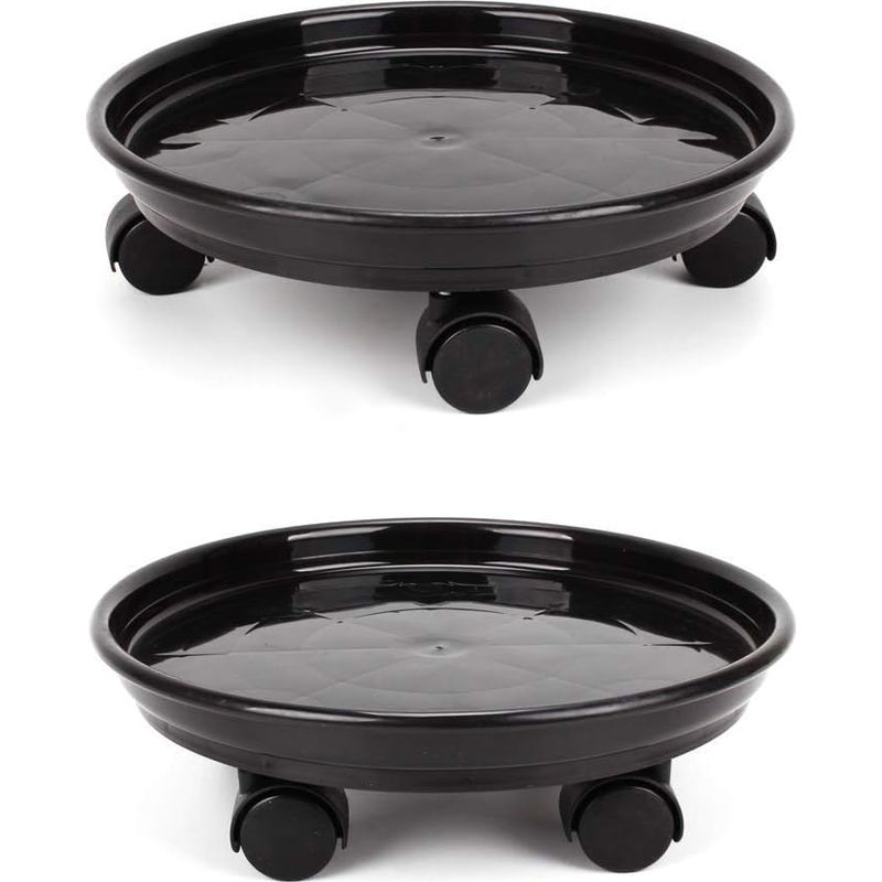 Lot De 2 Plateaux De 30 Cm Pour Pots De Fleurs Ronds Avec 4 Roulettes Pour La Maison Ou Le Jardin Noir