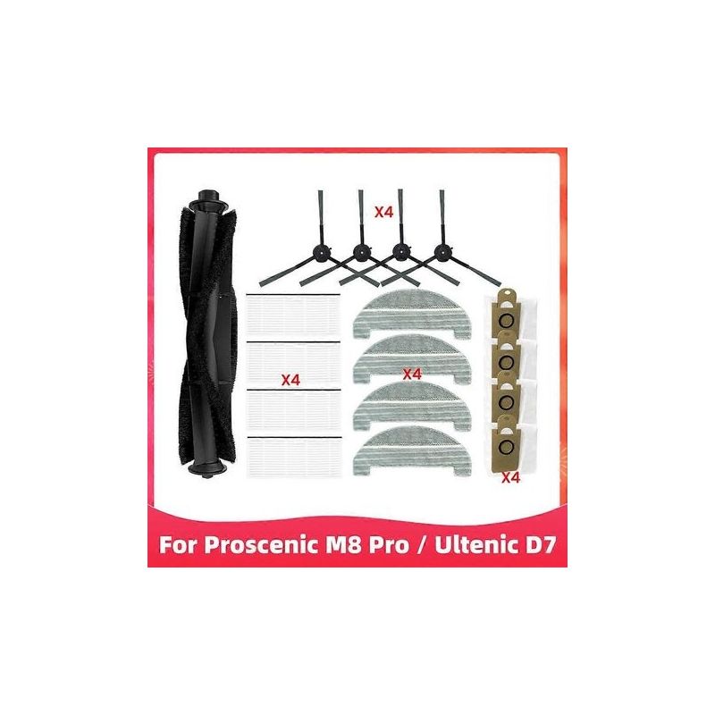 Pièce De Rechange Pour Aspirateur Robot Proscenic M8 Pro / Ultenic D7 : Brosse Latérale Principale, Filtre Hepa, Chiffon De Nettoyage Et Sacs À Poussière.