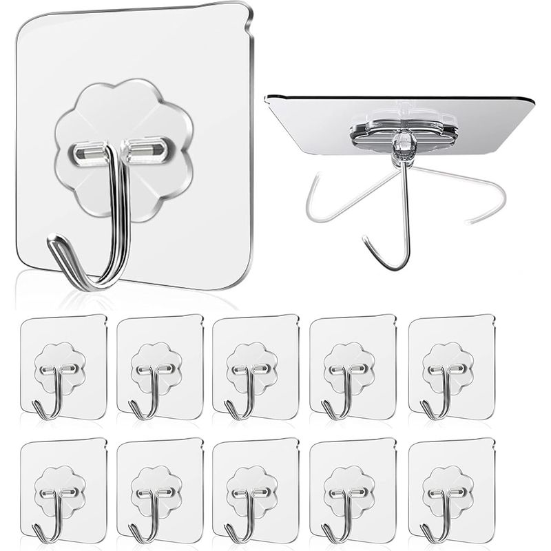 Crochet Adhésif Transparent 15kg Lot De 10 Crochets Muraux Autocollants Acier Inoxydable Et Polycarbonate Résistant À L'Humidité