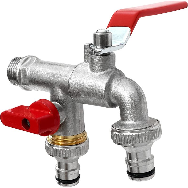 Robinet D'Eau En Laiton 1/2' Double Sortie 3/4' – Résistant À La Rouille Et Au Gel – Avec 2 Raccords De Tuyau Gratuits – Pour Machines À Laver Et Arrosage