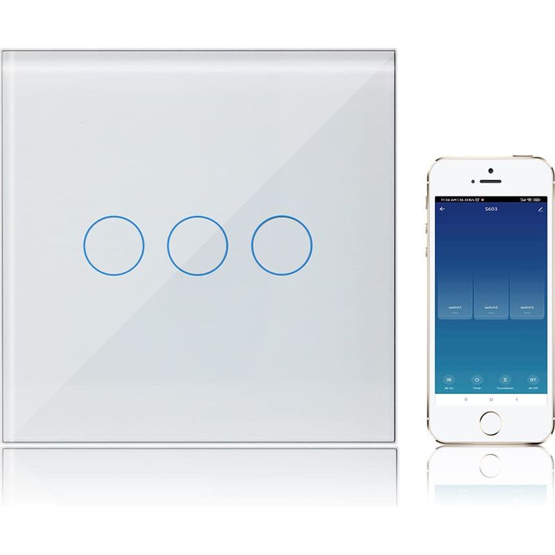 Interrupteur Connecté 3 Gang 1 Voie Tactile Wifi – Compatible Alexa/google Assistant – Panneau En Verre Trempé – Fonction Minuterie