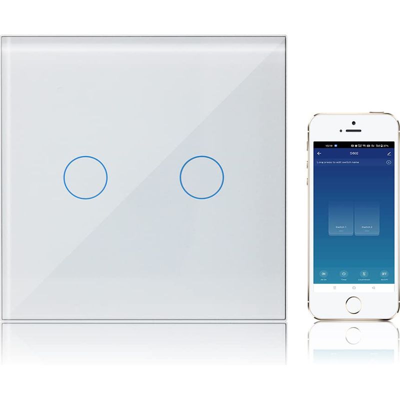 Wifi Interrupteur Tactile Connecté Alexa Google Assistant Compatible 2 Gang 1 Voies, Interrupteur Lumineux Mural Tuya Smart Life App Intelligent Contrôle