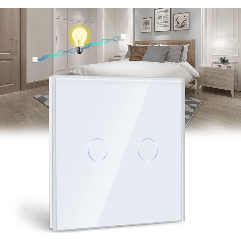 Interrupteur Tactile Va Et Vient Blanc 2 Gang 2 Voie – Panneau En Verre Trempé – Pas De Fil Neutre – Contrôle À Distance