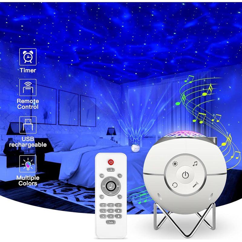 Veilleuse Pour Enfants, Lampe Projecteur Rechargeable Usb Led Musicale Avec 14 Modes & Télécommande & Timer & Support Métal Pour Enfants Adultes Cadeaux Maison Soirée Décoration (blanc)