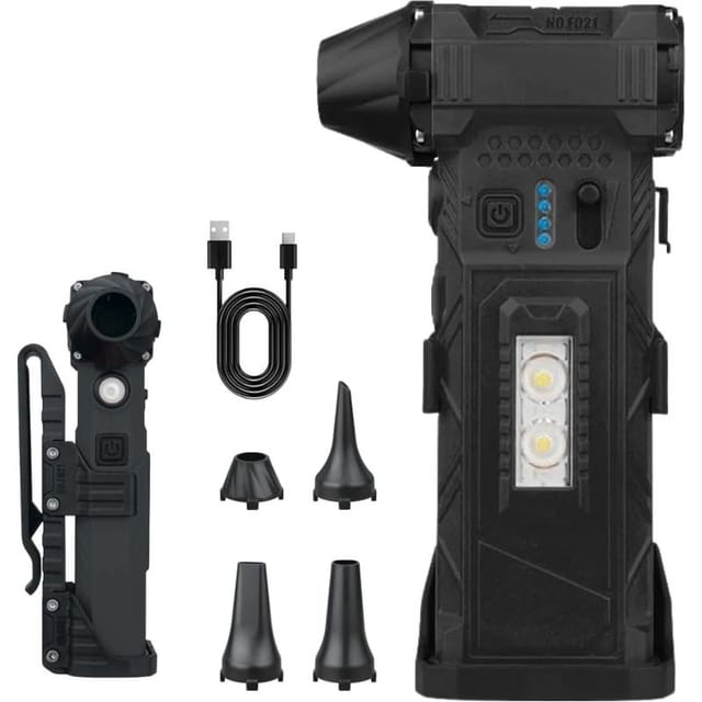 Kabelloser Druckluftbläser, Einstellbare Geschwindigkeit, 4 Düsen, Led-taschenlampe, 110 Minuten Akkulaufzeit (6000 Mah)