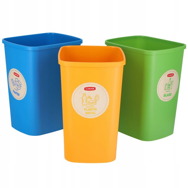 Curver - Eco 3er-Set Abfallbehälter für Recyclingsystem, Kunststoffbehälter für Papier, Glas und Kunststoff