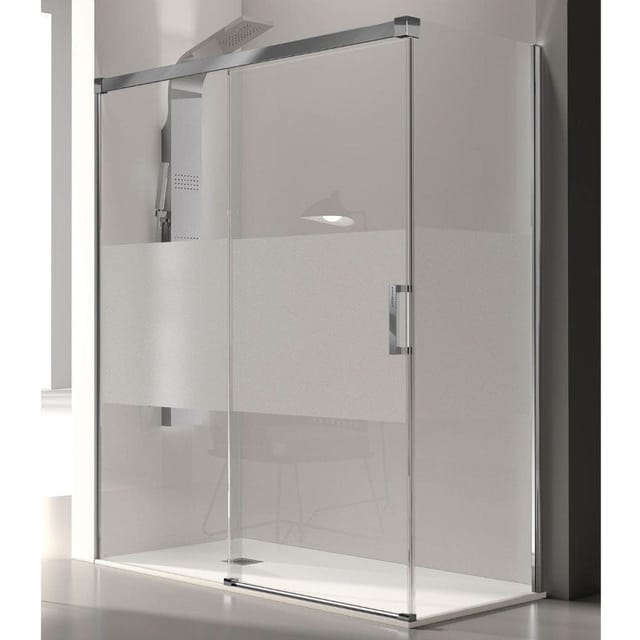 Duschwand mit Schiebetür glasé chrom und Sichtschutz- Glas 8/6 mm / 115 cm mit Seitenstück: 76 - 79 cm
