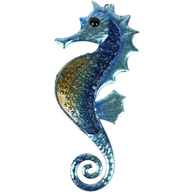 Osqi - Seepferdchen-Wanddekoration für den Außenbereich, Meer, Metallkunst, zum Aufhängen, dekorative Glasskulptur, Blau, für Badezimmer