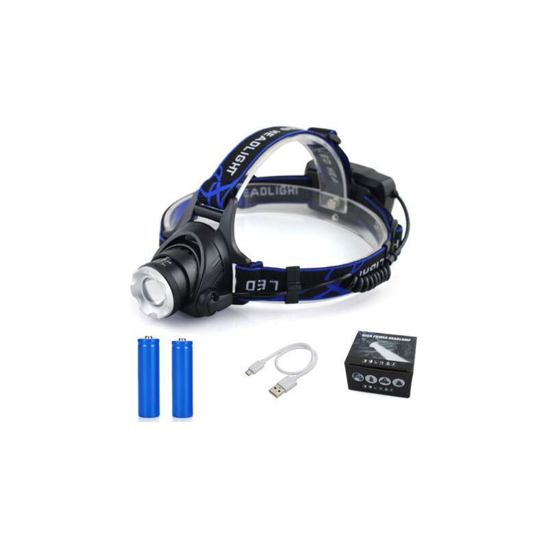 Npterbl Wiederaufladbare Led-stirnlampe/taschenlampe, 10000 Lm, 3 Leuchtmodi, Usb-kabel, 2 X 18650-akkus Und Kontrollleuchte Für Camping/angeln/klettern