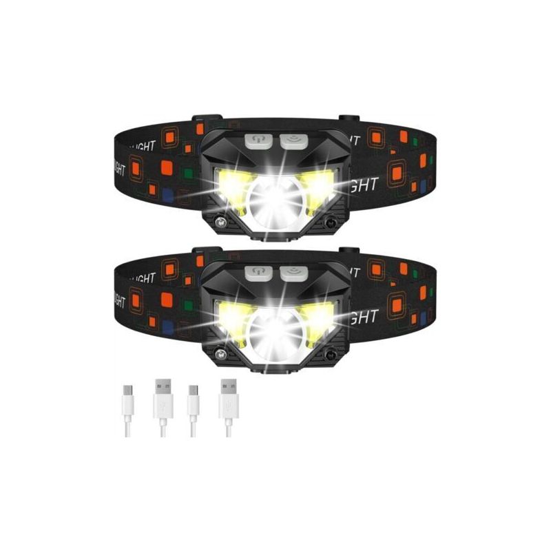 Hochleistungs-sensor-stirnlampe, Schwarz, Wiederaufladbar Über 2 Usb-anschlüsse, Led, Ideal Für Outdoor-aktivitäten, Nachtangeln, Wasserdicht.