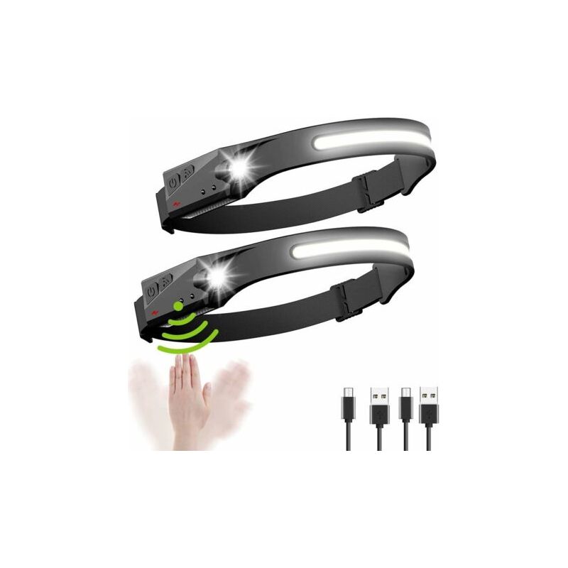Stirnlampe, Usb-wiederaufladbar, Cob-xpe-led-stirnlampe, Wasserdicht, Induktionssensor, 2er-pack Led-stirnlampe Mit 5 Leuchtmodi Zum Laufen, Angeln, Campen, Wandern, Radfahren Und Lesen
