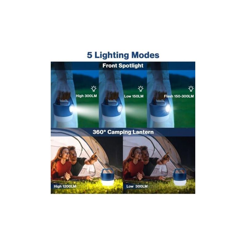 Usb- Oder Solarbetriebene, Wiederaufladbare Led-laterne, 2400 Mah Campinglampe, 5 Modi, Wasserdicht, Tragbar, Hängelampe Für Camping, Lesen, Heimwerken, Notdienste, Garage, Keller [energieklasse B] Np