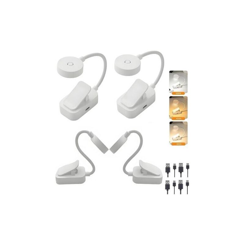 4 Mini-led-leseleuchten, Wiederaufladbare Klemm-leseleuchte, Augenschutz, Stufenlos Einstellbare Helligkeit Und 3 Farben, 360° Flexibler Hals, Tragbar Zum Lesen – Weiß [