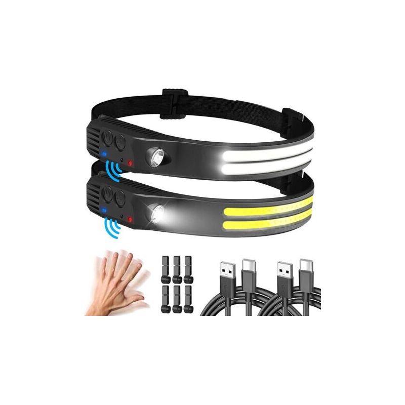 Extrem Leistungsstarke Led-stirnlampe, 2er-pack, 230°-weitwinkel-stirnlampe Mit 6 Leuchtmodi, 2 Weiße Led-sensor-stirnlampen, Wasserdicht, Ideal Zum Joggen, Angeln Und Laufen