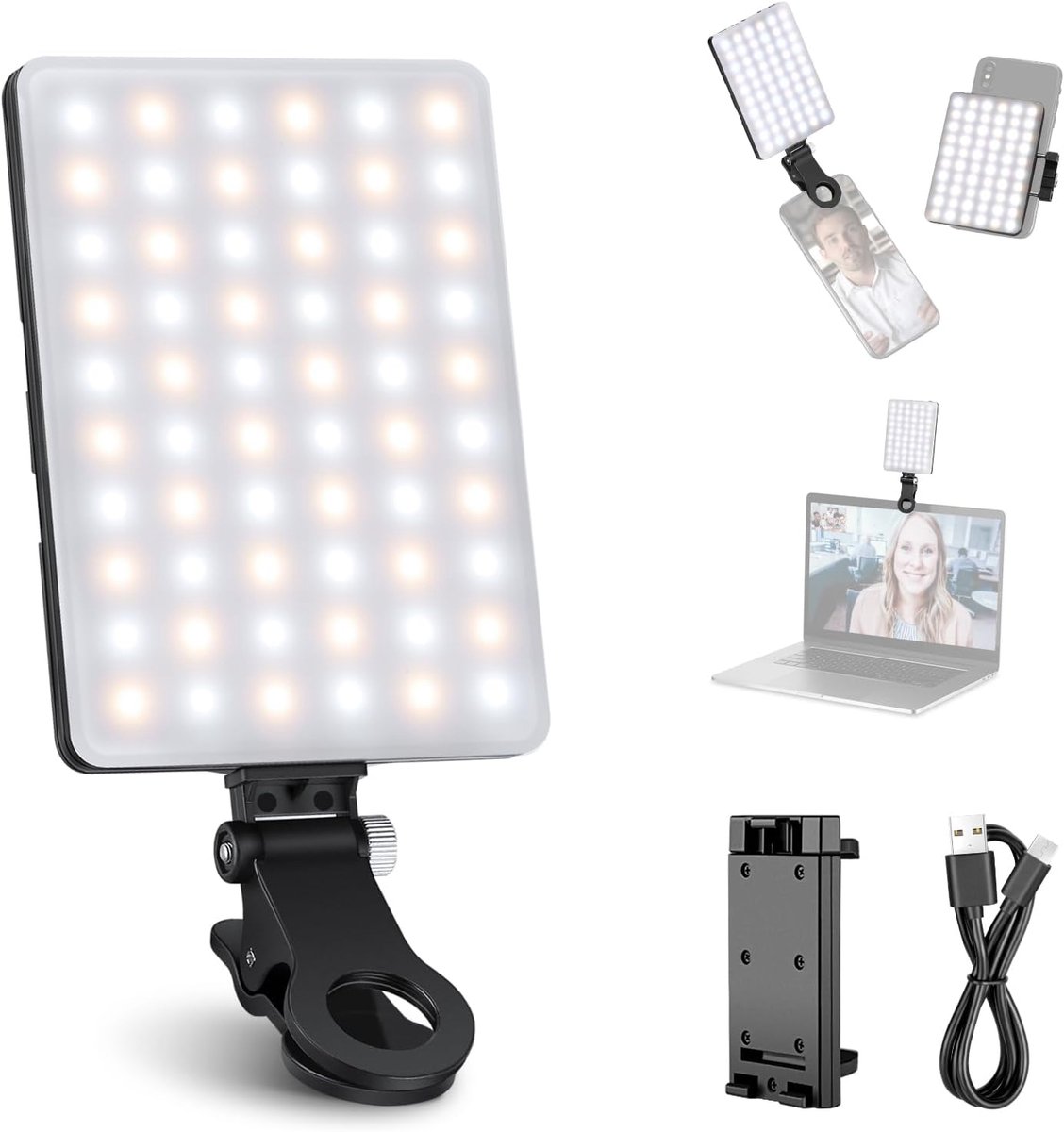 Selfie-licht – Inklusive Handyhalterung – 60 Leds – 3 Beleuchtungsmodi – Tragbares Clip-licht Für Handys Und Computer – Usb-aufladbar – Kompakt