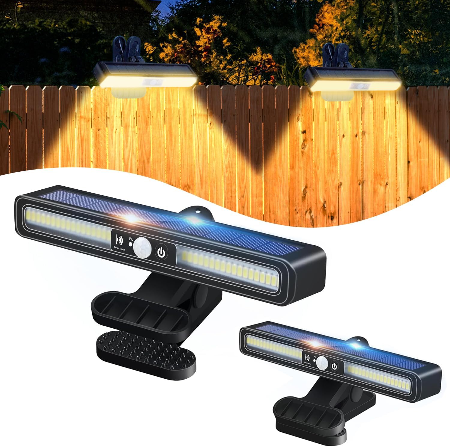 Solar-gartenleuchten-set Mit Klemmbefestigung, Bewegungsmelder, 3 Beleuchtungsmodi, Wasserdichter Solar-flutlichtstrahler Für Gartenzäune, Warmweißes Licht