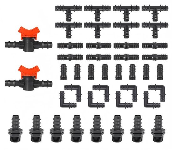 Ein Set Aus 42 Bewässerungsarmaturen Für 16-mm-rohre, Einschließlich Rohrverbinder, Armaturen Für Bewässerungssysteme Und Absperrventile Für Bewässerungssysteme.