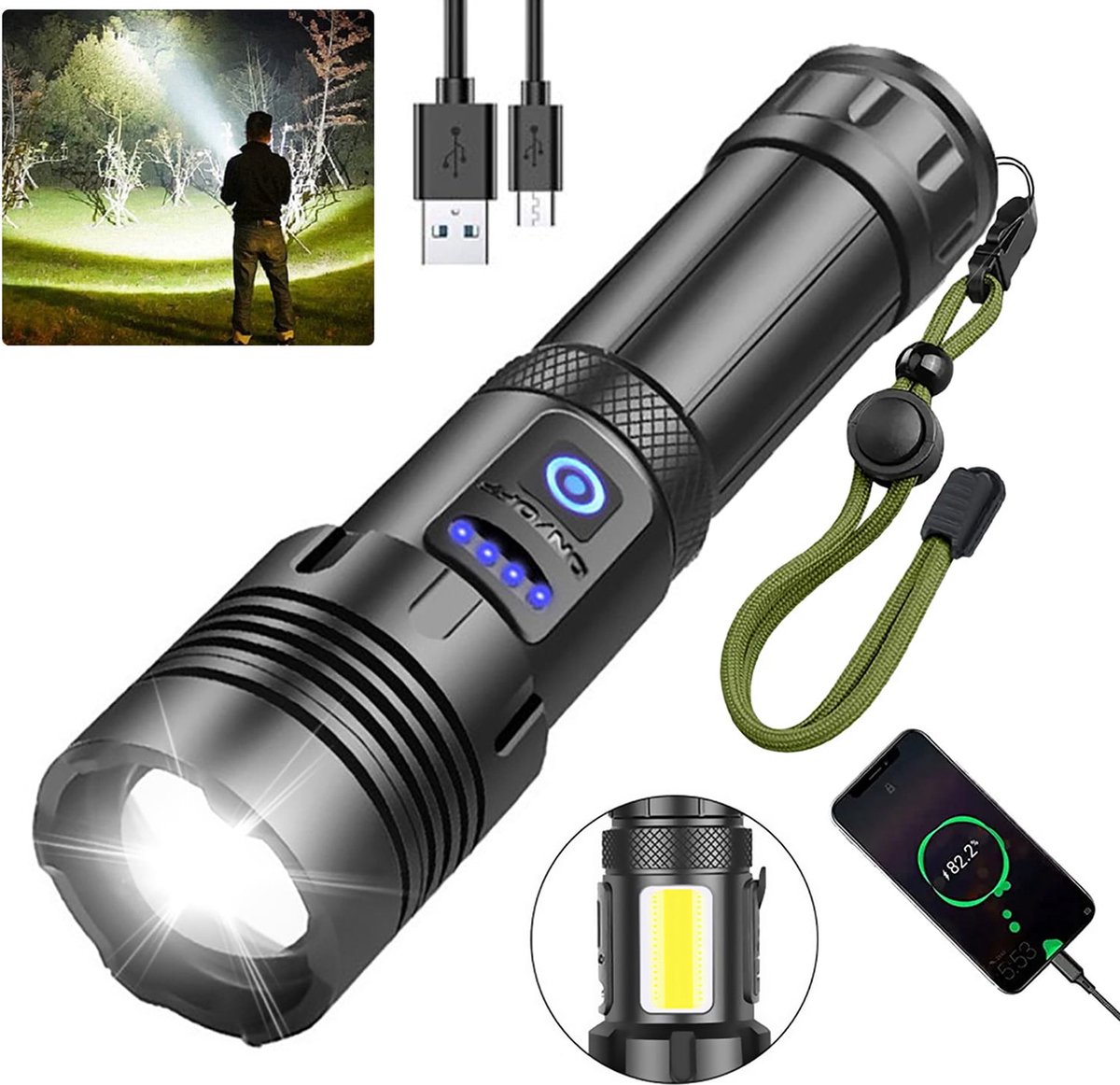 Wiederaufladbare Led-taschenlampe, Militärqualität, 100.000 Lumen, 7 Leuchtmodi Mit Cob-seitenlicht, Wasserdicht Für Notfälle Und Camping