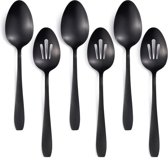 6-teiliges Servierlöffel-set Aus Mattschwarzem Edelstahl, 3 Servierlöffel Und 3 Gelochte Löffel, Buffetbesteck Für Partys, Bankette, Abendessen Und Catering – Schwarz