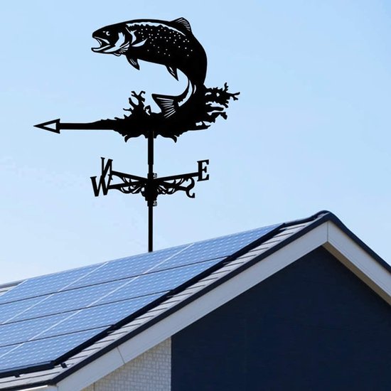 Wetterfahne Aus Metall Mit Springender Forellensilhouette, Schwarzer Windrichtungsanzeiger, Originelles Geschenk Für Angler Im Garten Oder Auf Dem Dach.