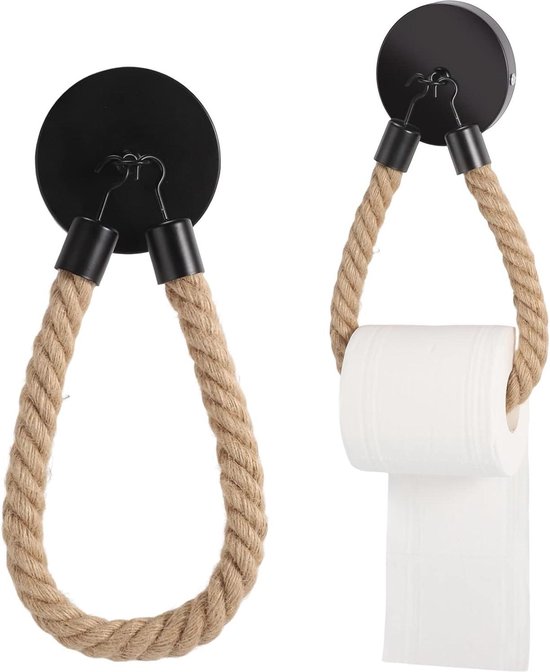 Toilettenpapierhalter Aus Holz Und Metall – Retro-design – 1 Stück – Wandmontierter Toilettenpapierhalter Mit Seil (schwarz)