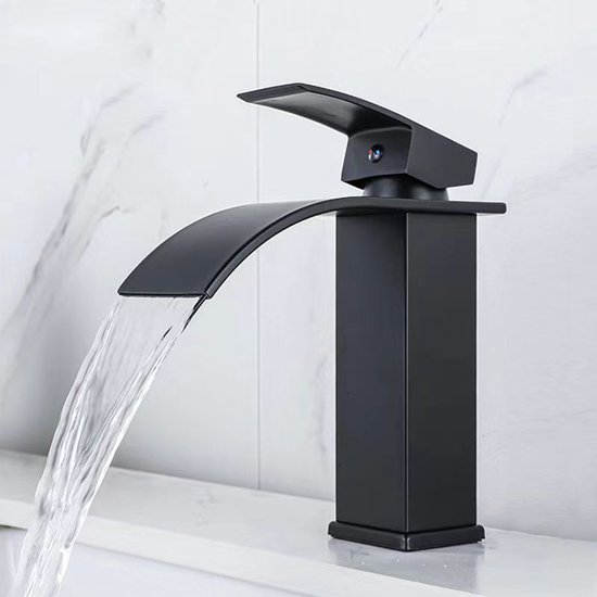 Ein Badezimmer-armatur, Schwarz, Waschbeckenarmatur Im Wasserfall-stil, Einhebel-mischbatterie Mit Auslauf, 200 Mm Höhe, Wassersparend Und Energieeffizient.