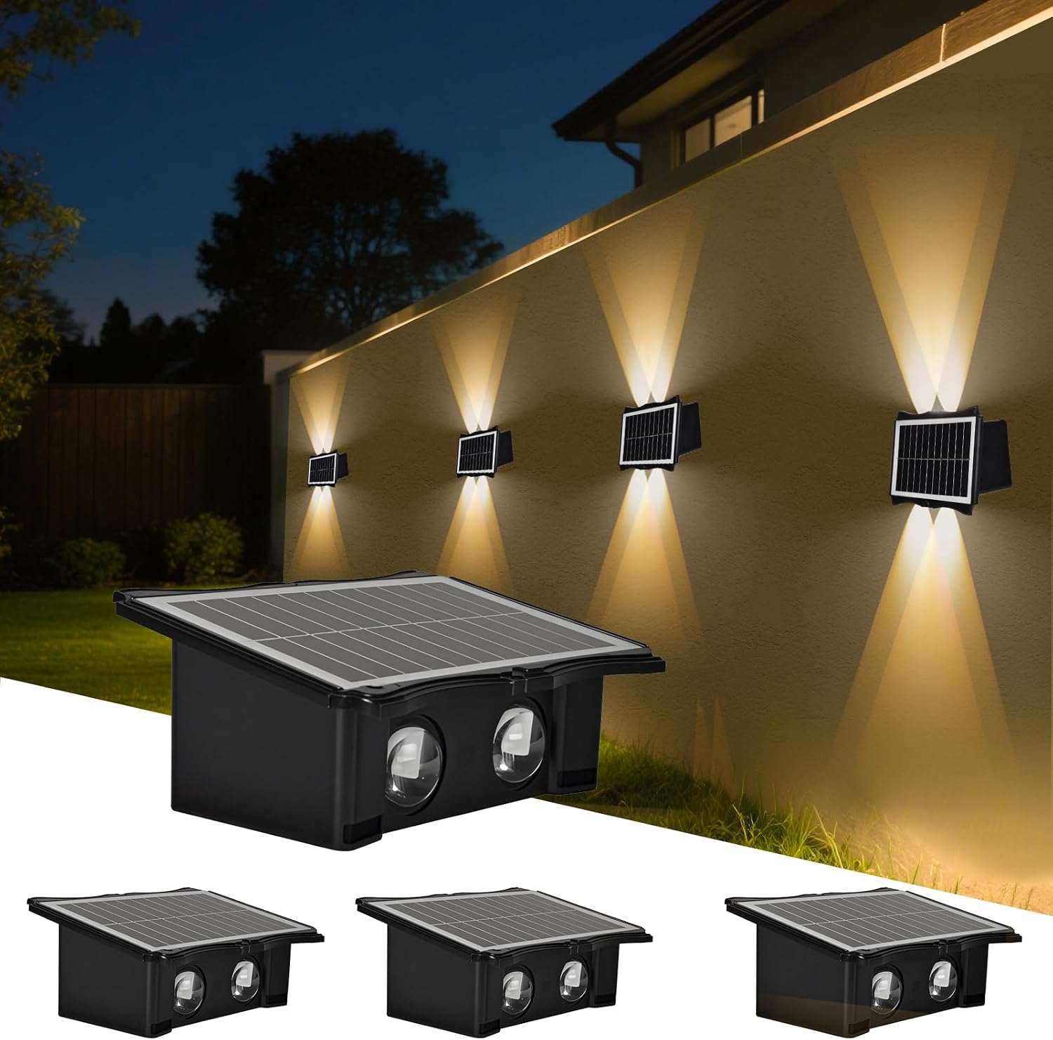 Hochleistungs-led-solar-zaunleuchten, 4er-pack, Bidirektionale Auf- Und Abwärtsbeleuchtung, Automatischer Schalter, Wasserdicht, Warmweißes Licht Für Hof Und Garten