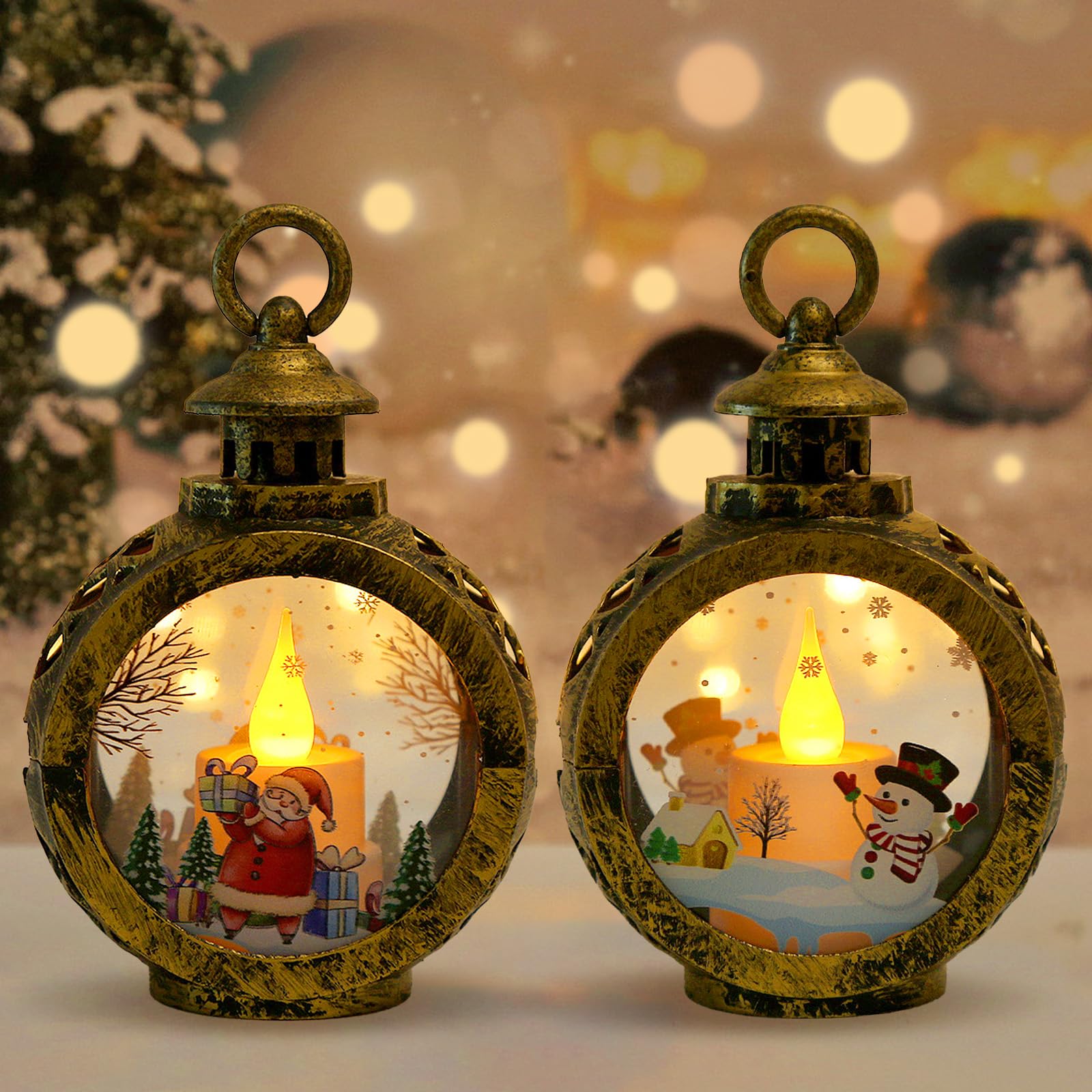 Weihnachtslaterne, 2er-set Dekorative Laternen, Weihnachtslaterne Mit Schnee, Hängende Weihnachtsbeleuchtung, Laterne In Form Von Weihnachtsmann Und Schneemann