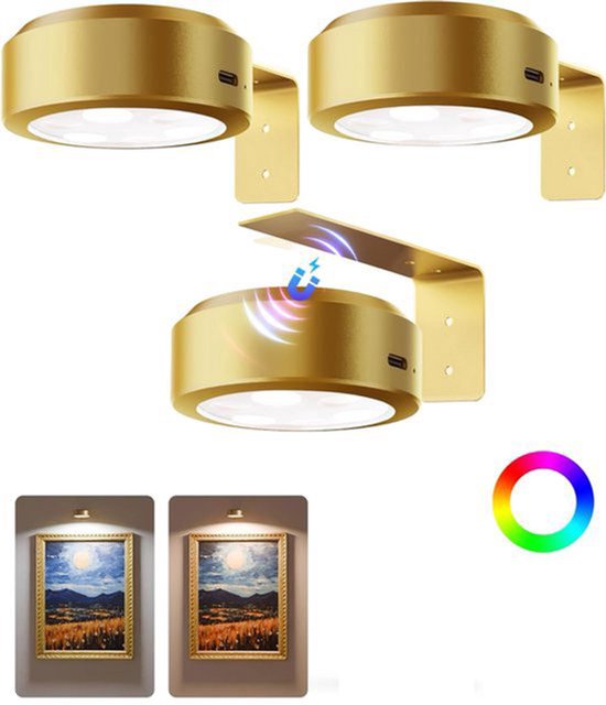 3-teiliges Wandlampen-set, Magnetisch, Wiederaufladbar, 3 Farbtemperaturen, 12 Rgb-farben, Dimmbarer Timer, Goldener Rahmen.