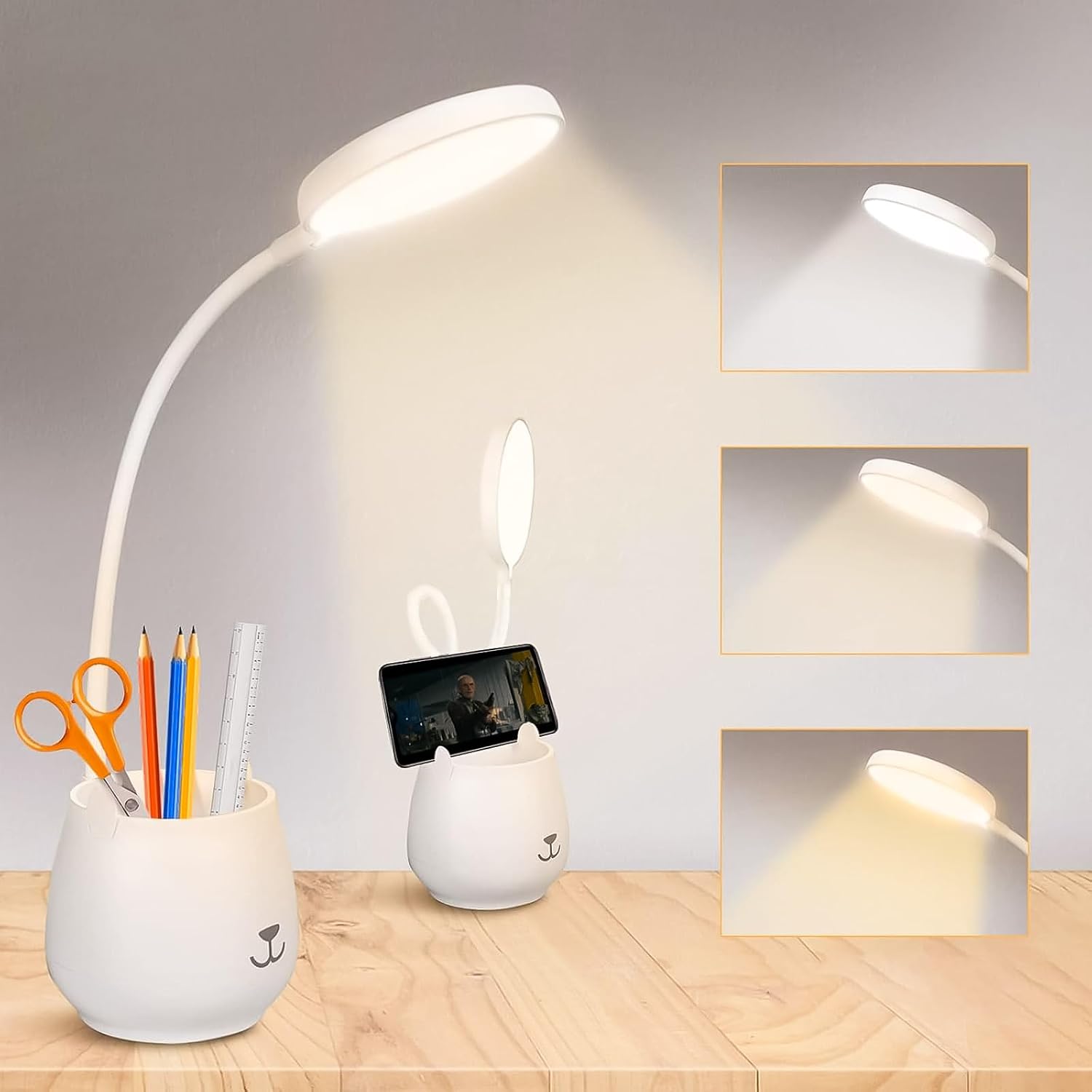 Augenschonende Led-schreibtischlampe Mit Handyhalterung Und Stifthalter – Weiß