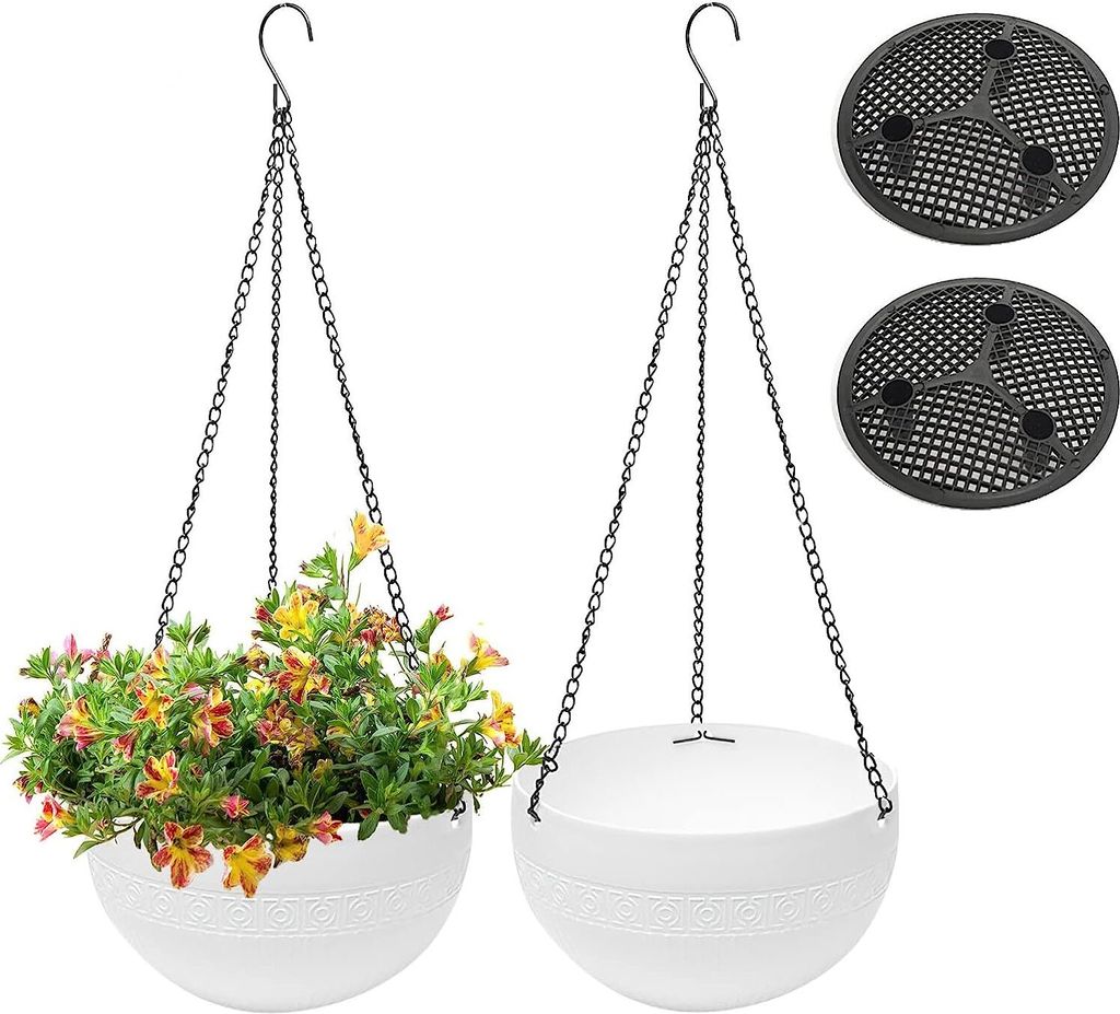 2 Hängeblumentöpfe Für Den Außenbereich Mit Abflusslöchern, Automatischer Bewässerung, Rostfreier Kette, Für Drinnen Und Draußen, Weiß, 21 Cm