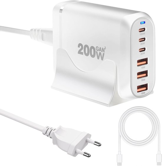 200-w-usb-c-gan-schnellladegerät Mit 6 Ports, Power Delivery 3.0 Und Qc 3.0, Inklusive 100-w-usb-c-kabel, Kompakte Ladestation Für Unterwegs