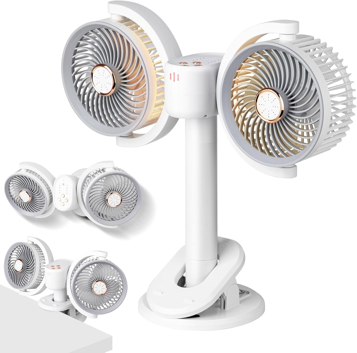 Tischventilator Mit Zwei Ventilatorköpfen, Wiederaufladbar Mit Led-beleuchtung, Wandmontierbar, Leise, 360° Drehbar, Abnehmbar Für Auto, Tisch, Schlafzimmer