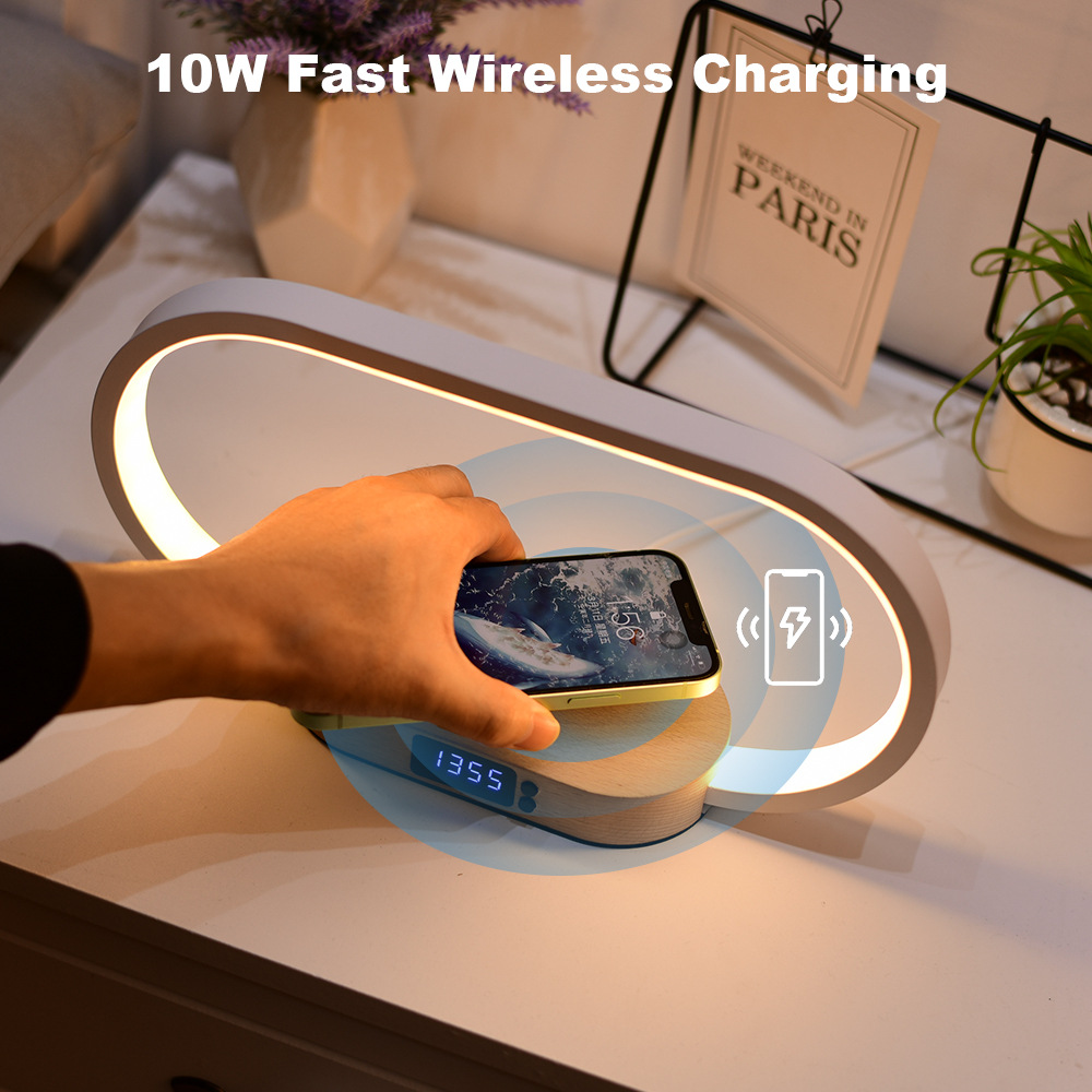 Kabellose, Wiederaufladbare Schreibtischlampe Mit Uhr Und Usb-anschluss, Berührungsempfindlicher Dimmfunktion, Drei Farbtemperatureinstellungen, Weißes Holzdesign.