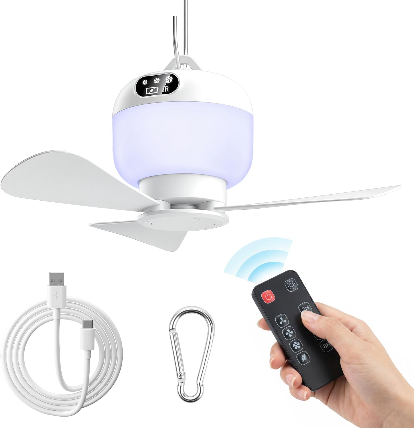 Campingventilator Mit Lampe Und Fernbedienung – Kabelloser, Wiederaufladbarer Zeltventilator – 4 Geschwindigkeitsstufen – 3 Lichtmodi – Timer – Für Zelt – Markise – Strand – Auto