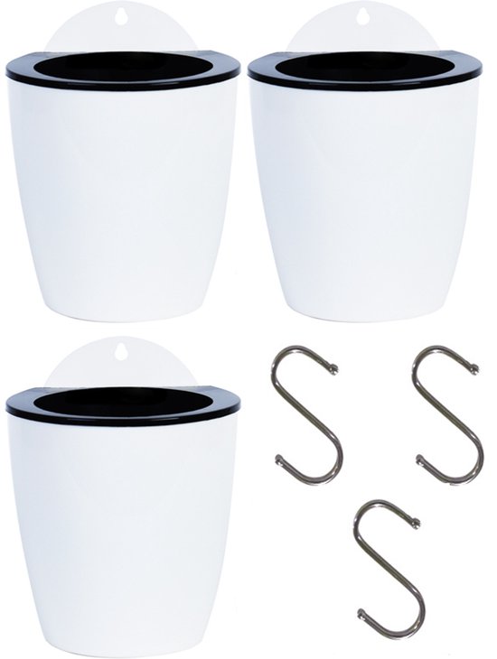 3-teiliges, Doppelstöckiges, Selbstentwässerndes Hängeblumentöpfchen-set Aus Kunststoff, Für Küche, Balkon, Zaun, Schlafzimmer – Weiß