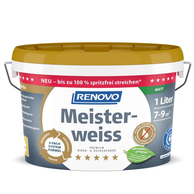Renovo - Premium Wand- und Deckenfarbe Meisterweiss matt 1,0 Ltr.