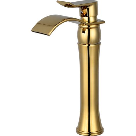 Waschtischarmatur (warm-/kaltwasser) Aus Vollkupfer, Wasserfall-auslauf, Gold-finish, Hohe Ausführung Für Aufsatzwaschbecken, Einhebelmischer.