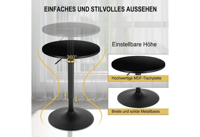 Bartisch mit runder Tischplatte höhenverstellbar aus mdf Metall schwarz - Woltu