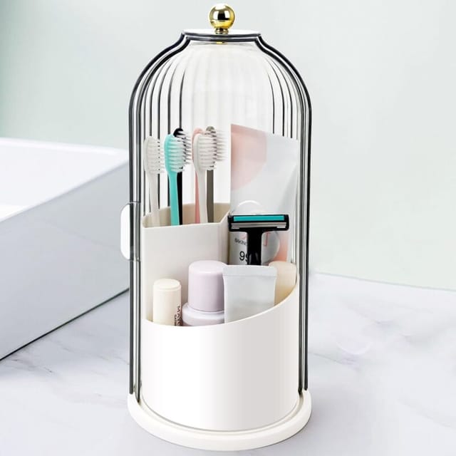 Zahnbürstenhalter mit Schiebedeckel, drehbarer Organizer mit 3 Fächern für Badezimmer, auch als Make-up-Pinselhalter geeignet