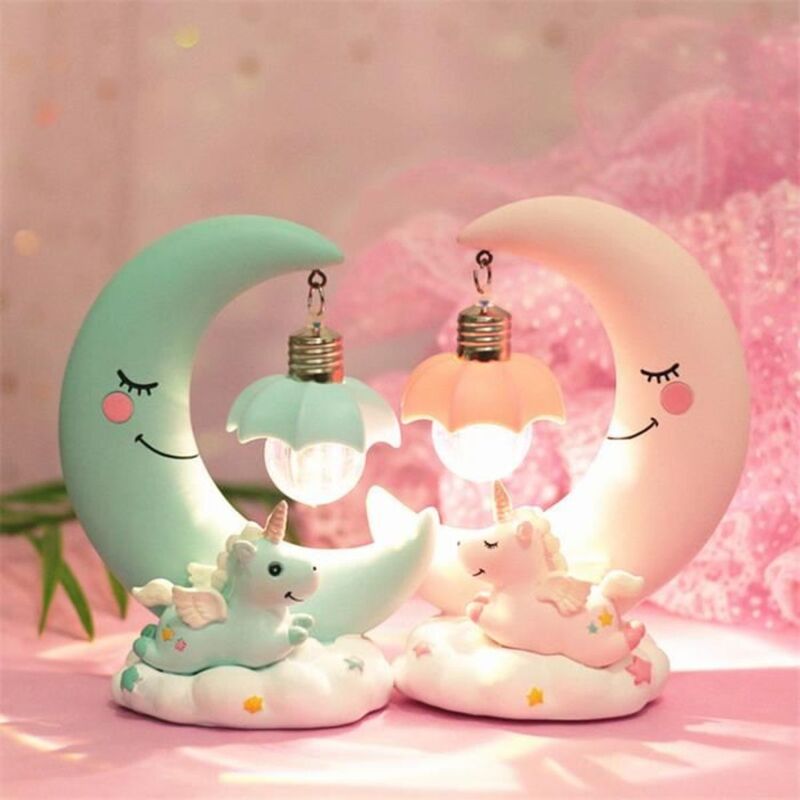 Led-nachtlicht Aus Kunstharz, Mond-einhorn-cartoon-baby-bettlampe, Kinderspielzeug Für Mädchen, Weihnachtsgeschenk (rosa)