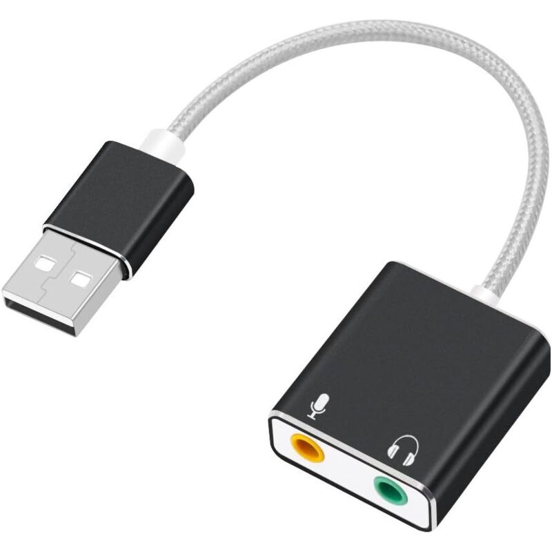 Externer Usb-stereo-soundkartenadapter Aus Aluminium, Nylonummantelter Usb-audioadapter Mit Kopfhörer- Und Mikrofonbuchsen, Schwarz
