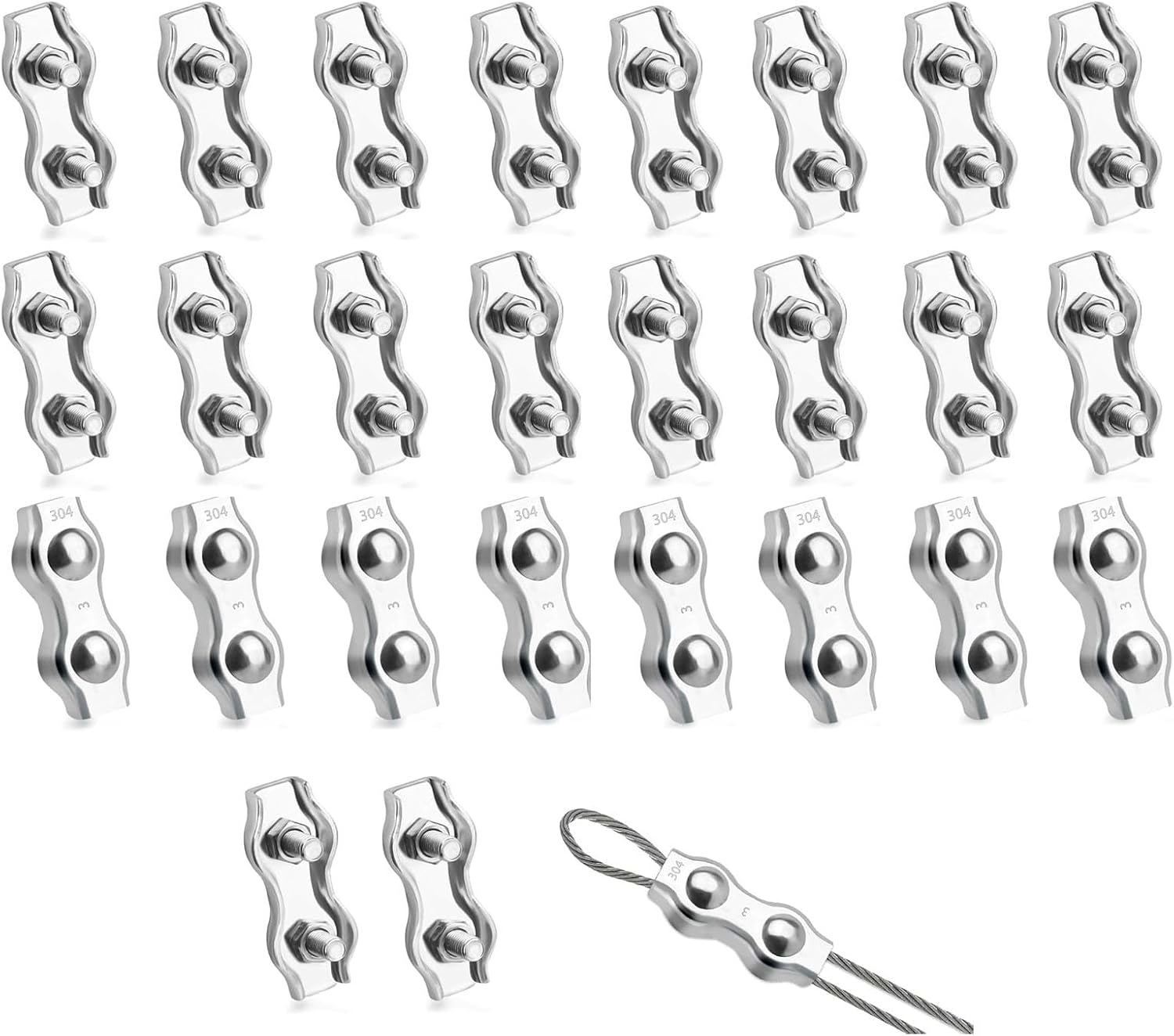 Drahtseilklemme M3, 24 Stück, 304 Edelstahl, Für 3mm Stahlseil, 34mm X 6mm