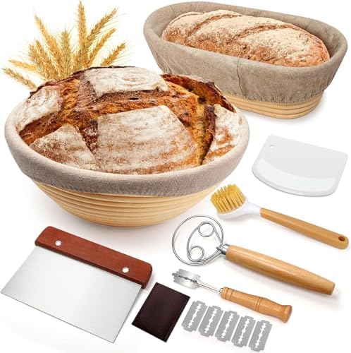 Brot Gärkorb Set, Gärkörbchen Zum Brotbacken, 23cm Rund & 25cm Oval Brotkörbchen, 100% Natürlichem Rattan, Inkl. Teigschaber, Leineneinsatz, Teigrührer & Brot Lahm Professionelles Brotbackzubehör