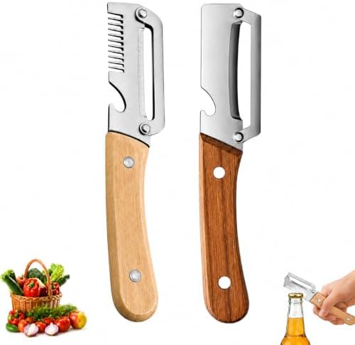 Multifunktionaler Gemüseschäler Aus Edelstahl Mit Holzgriff, 3-in-1 Profi Küchenschäler Mit Julienne Reibe & Flaschenöffner, Ergonomisches Küchenwerkzeug Für Obst & Gemüse（2er Set ）
