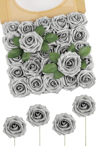 Künstliche Blumen Glitter Rose, 25 Stück Medium Silver Glitzernde Faux Schaum Rosen Für Hochzeit Sträuße Party Büro Baby Dusche Home Weihnachtsdekoration