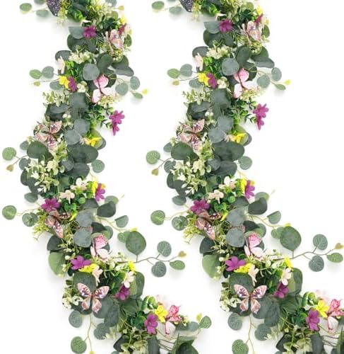 2 Stück 5.68ft Künstliche Blumengirlande Deko Eukalyptus Girlande Mit 3d Schmetterlinge Gefälschte Gänseblümchenreben Hängende Grün Girlande Für Tischdeko Hochzeit Garten Wand Party Dekor