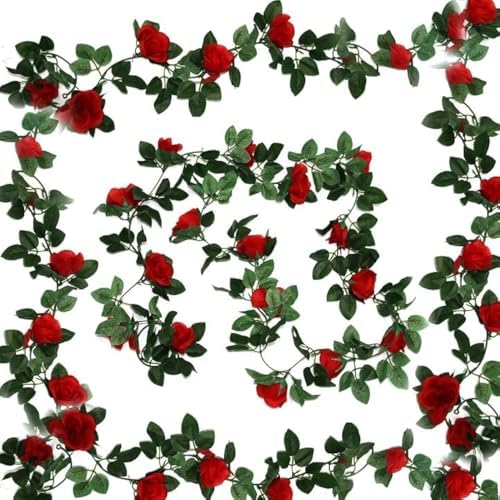 2 Stk Rote Rosengirlande - Blumengirlande Künstliche Blumen - Hängende Pflanze Rosengirlanden Für Blumenwanddeko Hochzeit Garten, Zäune Und Party (rot)